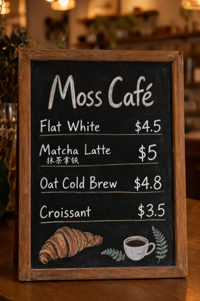 Bilingual cafe menu board, Made with Moss Image